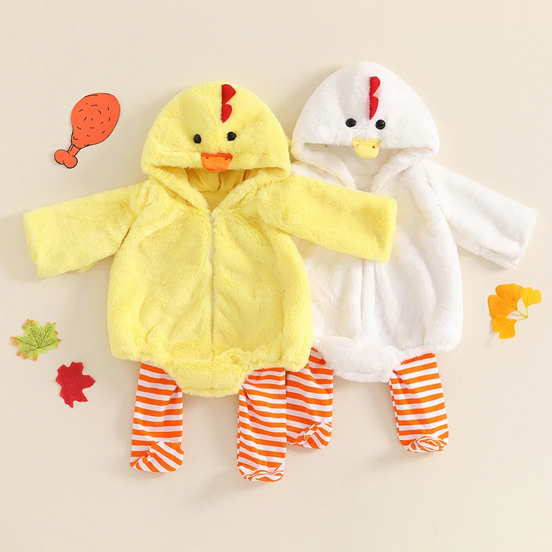 VISgogo-Conjunto de ropa para bebé, niño y niña de 0 a 3 años, traje de Halloween, Sudadera con capucha de manga larga de felpa con forma de pollito, peleles a rayas, pantalones largos - imagen 2