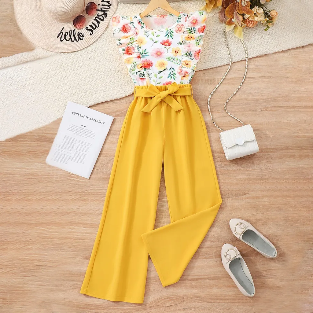 Ropa informal para niñas, conjunto de vacaciones para niños, chaleco Floral amarillo + Pantalones de verano, 2 uds., traje de moda para chicas de 7, 8, 9, 10, 11 y 12 años - imagen 4