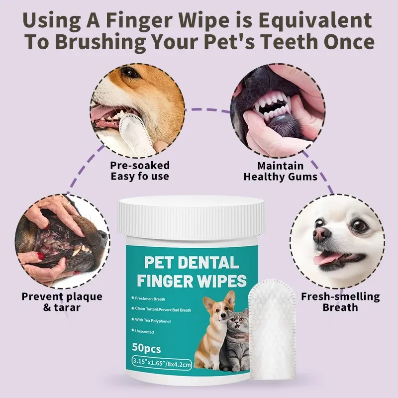 Toallitas dentales para dedos para perros y gatos, Control de placa, limpieza de dientes con ambientador portátil para uso en viajes en casa, suministros para mascotas, 50 Uds. - imagen 3