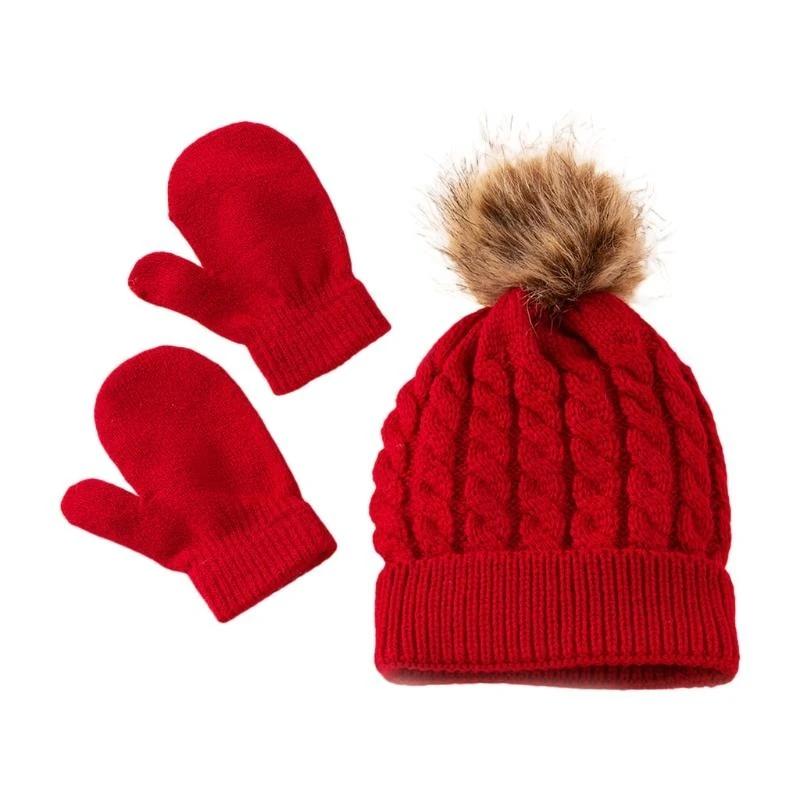 M76C invierno cálido bebé sombrero Color sólido guantes conjunto gorros bola piel manoplas niños niñas niños - imagen 2