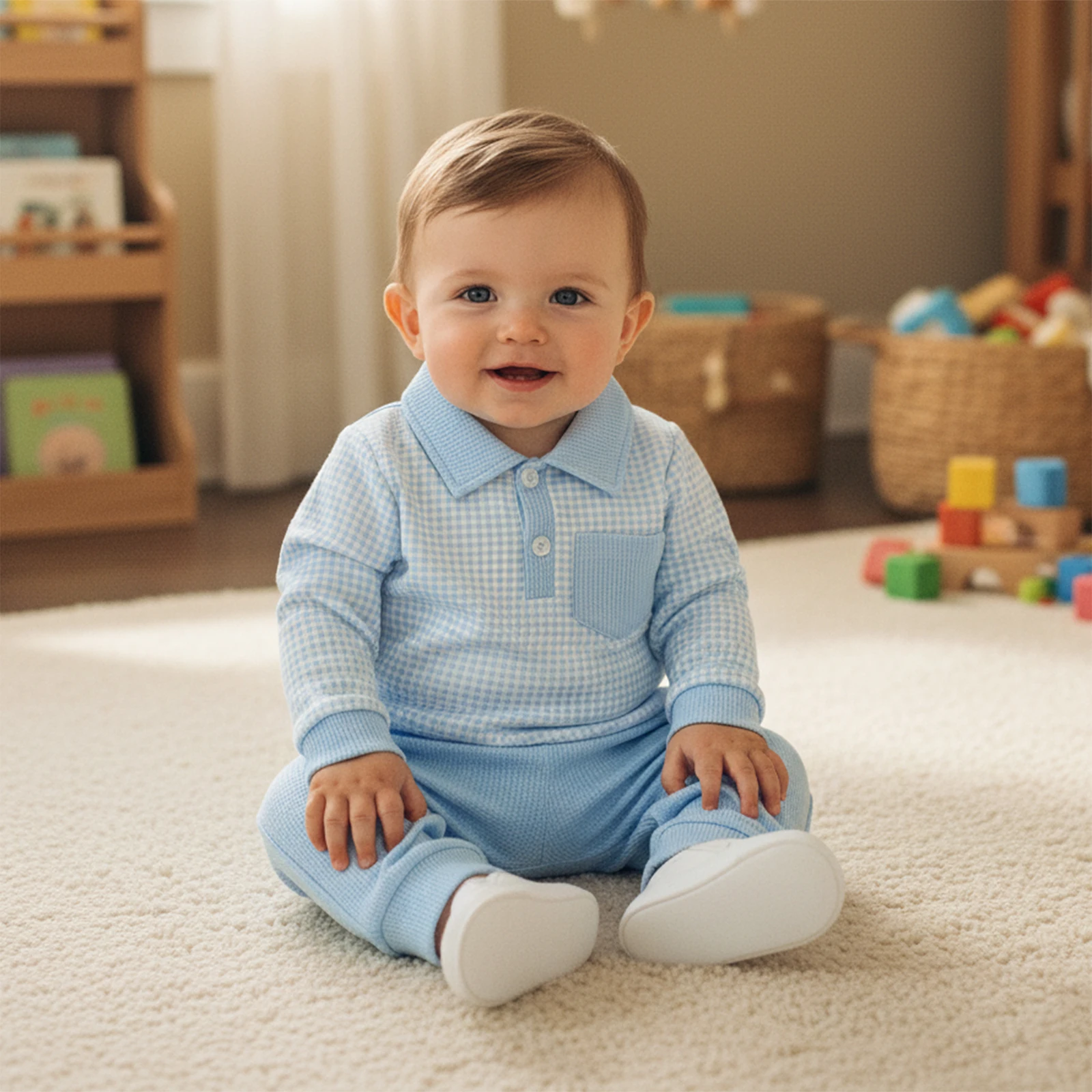 Suefunskry Conjunto de 2 piezas de otoño para bebé, sudadera con solapa a cuadros de manga larga y pantalones elásticos, conjunto de ropa cálida - imagen 4