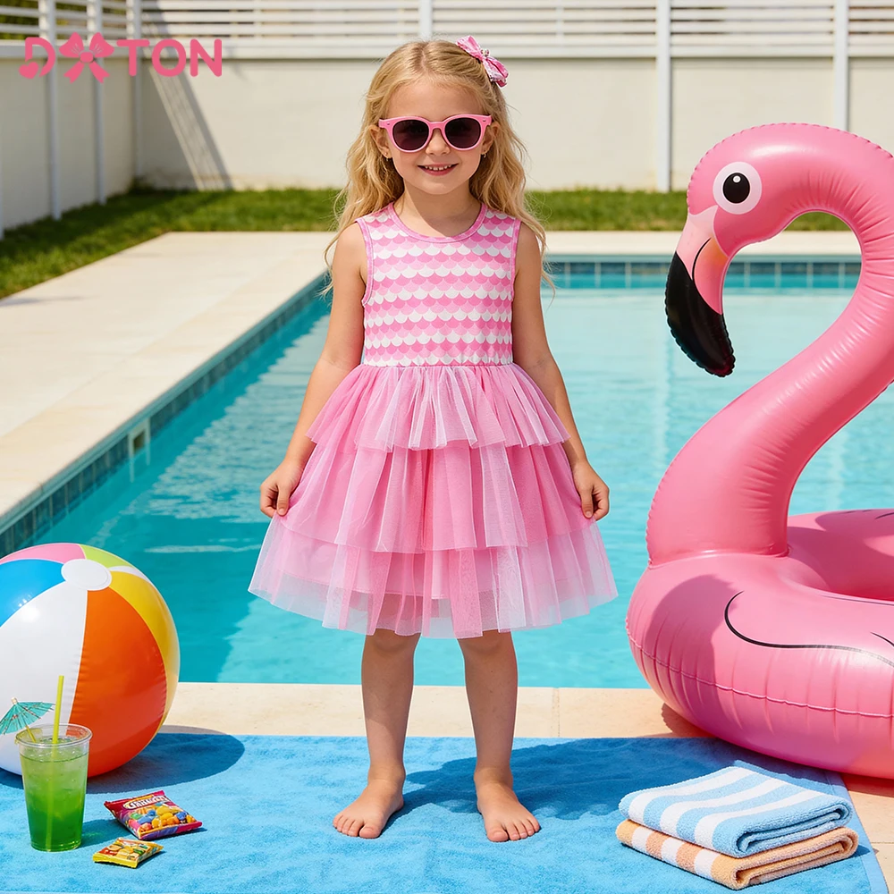 DXTON Vestido rosa sin mangas para niñas – Malla capas verano elástico - imagen 2