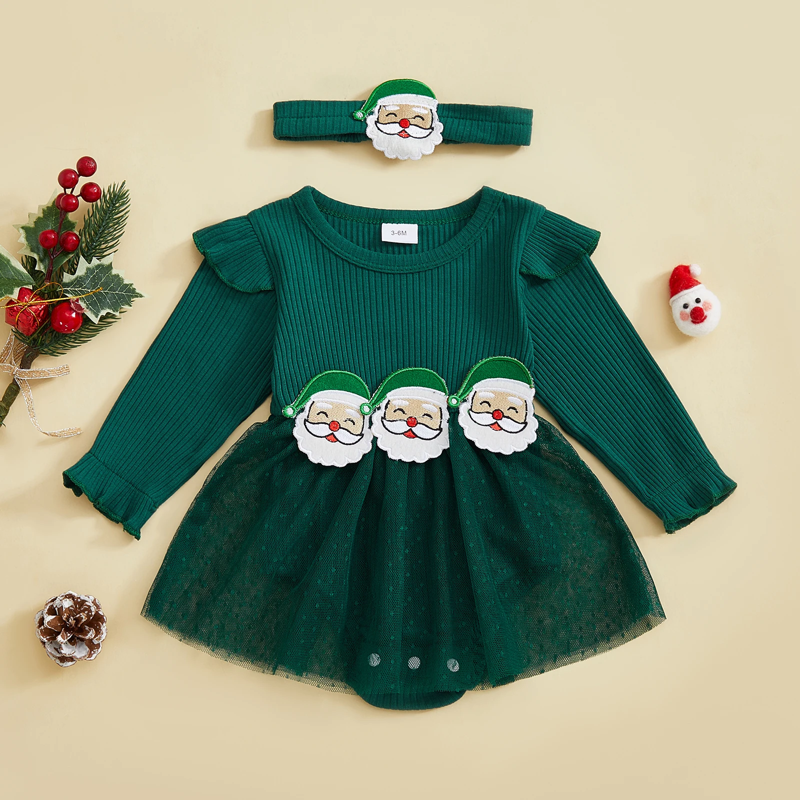 SUNSIOM-vestido mameluco acanalado para niña de 0 a 18 meses, mono de burbujas de malla de manga larga con cuello redondo de Papá Noel y diadema - imagen 3