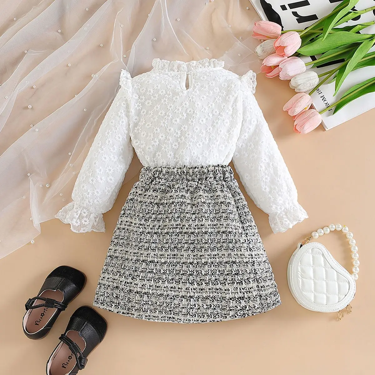 Conjunto de 2 piezas de primavera y otoño para niño niña, Tops de manga larga con bordado de encaje a la moda + falda a cuadros, ropa coreana para niño B064 - imagen 3