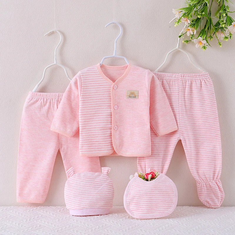 Conjuntos de 5 piezas de primavera y otoño para niños y niñas, Tops informales de algodón de manga larga a rayas, pantalones, sombrero y Baberos, ropa para bebés recién nacidos BC509 - imagen 3