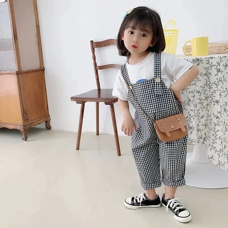 Pantalones a cuadros blancos y negros para niñas, monos para niños, novedad de verano, ropa para niños, peleles informales coreanos para niñas, pantalones finos para bebés - imagen 3