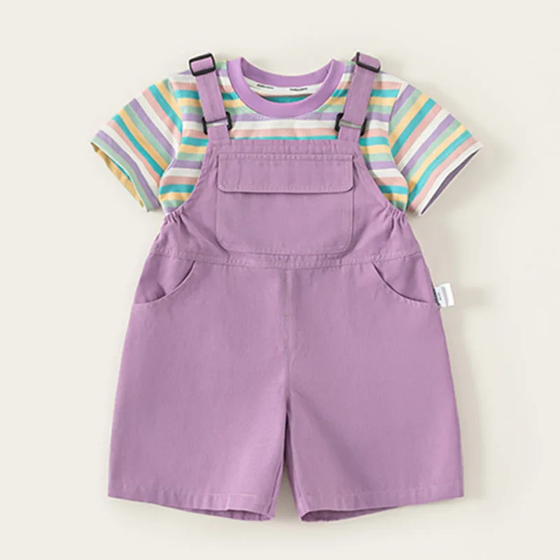 Conjunto de trajes de verano para niño niña, moda coreana, Tops de manga corta con mariposa a rayas y pantalones cortos con tirantes, ropa de Boutique para niño B157 - imagen 5