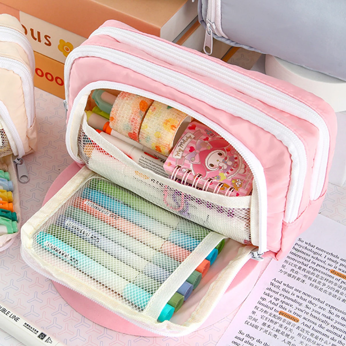 Estuche de lápices Kawaii de gran capacidad, estuche para bolígrafos estéticos, estuche para bolígrafos para niños, suministros escolares y de oficina, papelería coreana