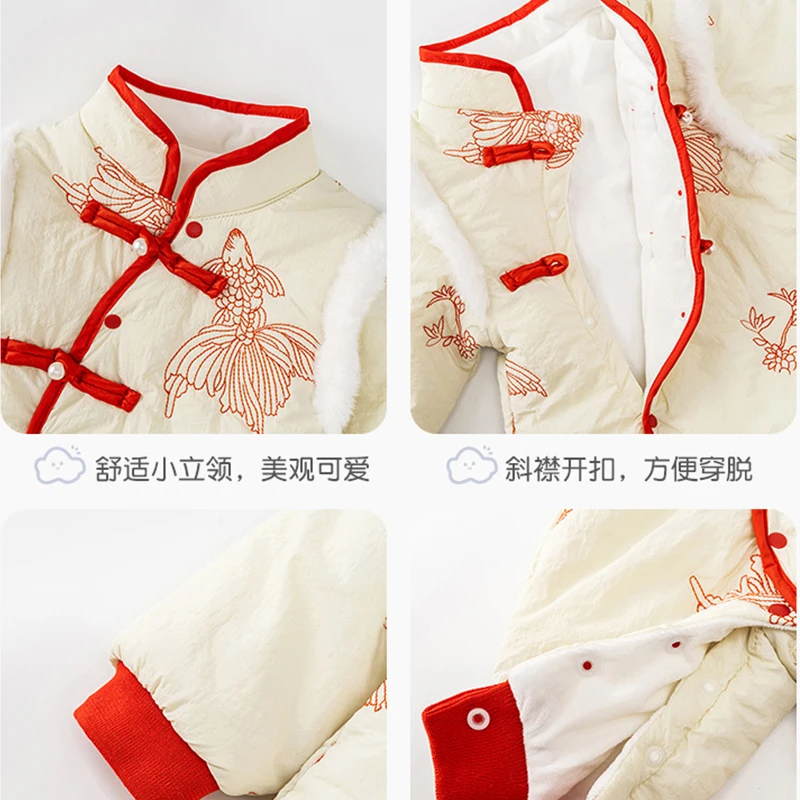 Conjuntos de 2 piezas de peleles de invierno, ropa para niñas recién nacidas, monos gruesos cálidos de algodón bonitos de estilo chino + bolsa, ropa de Boutique para bebés BC751 - imagen 3