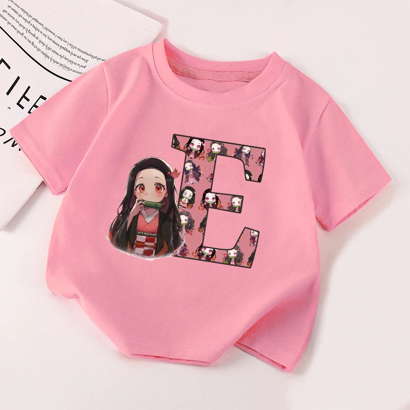 Camiseta Demon Slayer Nezuko para niñas, ropa para niños, Tops con letras A-Z, algodón, manga corta, dibujos animados de verano, regalos de cumpleaños para niños - imagen 5