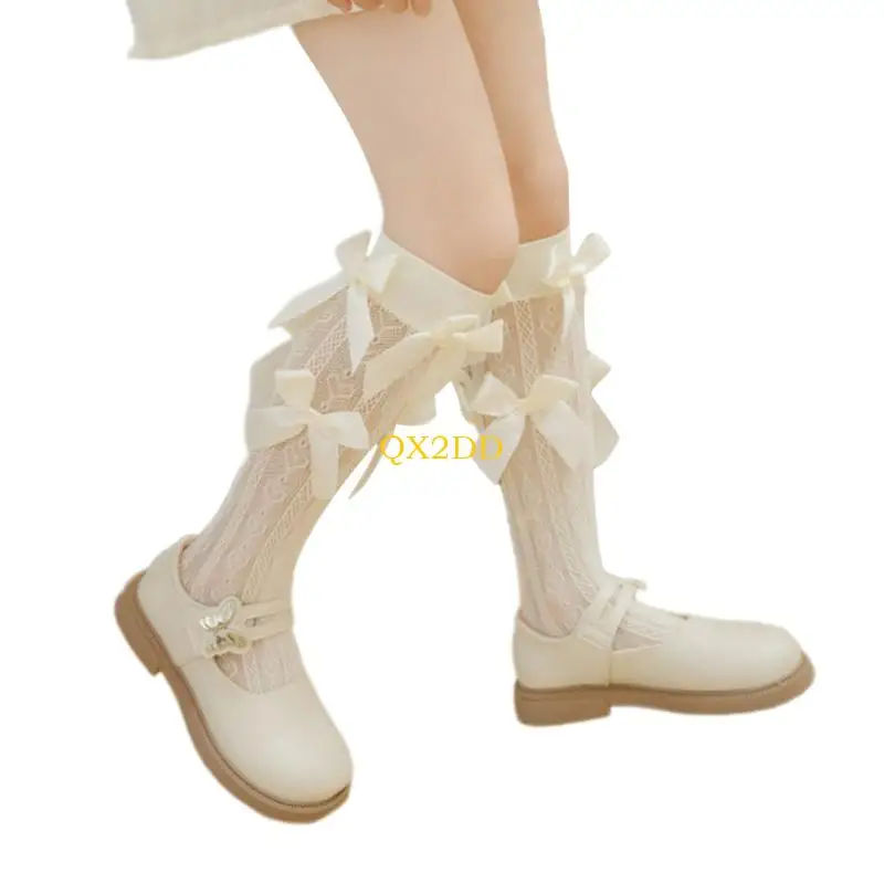 QX2D Girls Bajo longitud rodilla Calcetines para niños Preciosos calcetines detalles Bownot en calcetines tubo - imagen 4