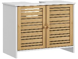 HOMCOM Mueble Bajo Lavabo Mueble para Debajo del Lavabo Moderno con Puertas Magnéticas de Bambú y Estante Ajustable 60x30x60 cm Blanco y Natural