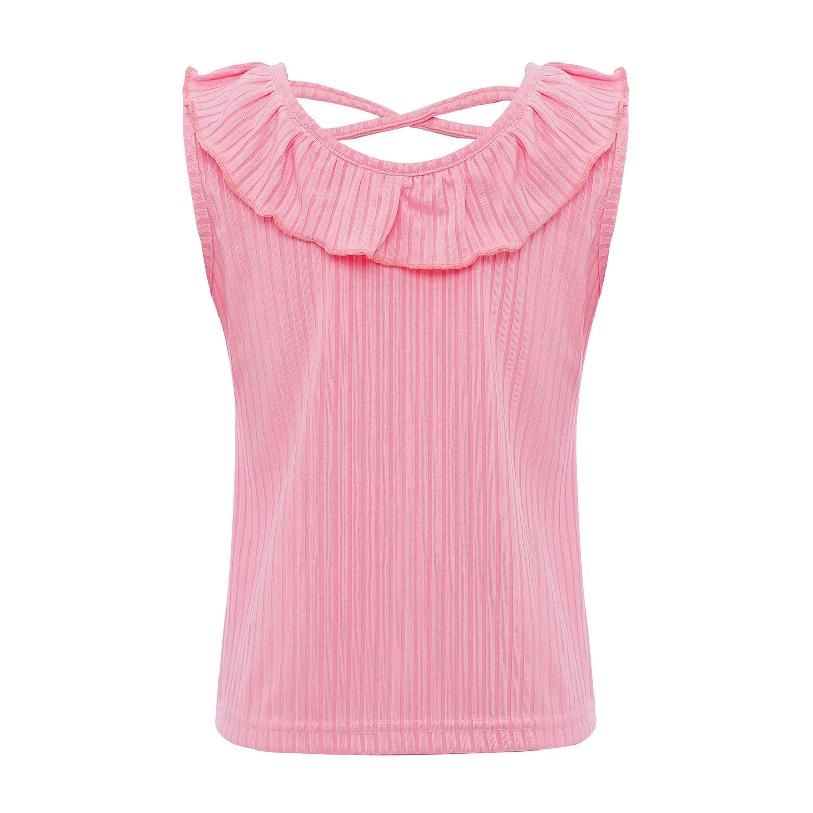 Camisetas sin mangas lindas para niñas, camiseta sin mangas acanalada con volantes, camiseta sin mangas, chaleco trasero cruzado a la moda para vacaciones, playa, Picnic, fin de semana - imagen 4
