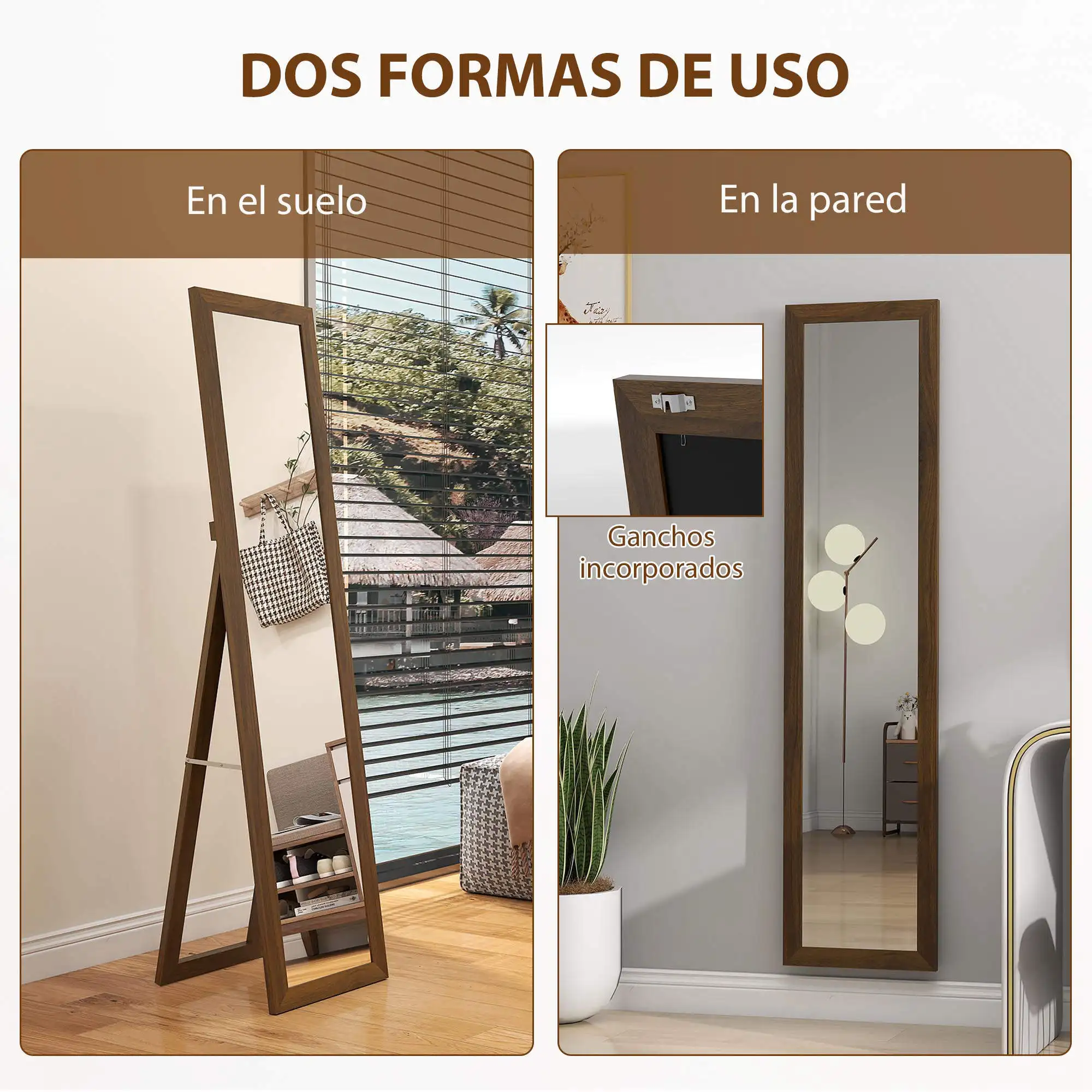 HOMCOM Espejo de Pie Cuerpo Entero 157x37 cm, Espejo de Cuerpo Entero con Soporte, 3 Formas de Uso, Independiente, Montaje Pared y Apoyado, para Salón, Entrada, Dormitorio, Nogal - imagen 5