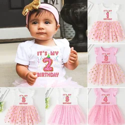 Es mi 1 2 3 4 5 Brithday Girl Vestidos de manga corta Vestido de bautismo para niña Batería Vestidos de fiesta de cumpleaños para niños pequeños