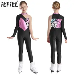 Mono de gimnasia de Ballet estampado para niños y niñas, Body de manga larga de malla con cuello simulado para patinaje artístico, disfraces de actuación de baile