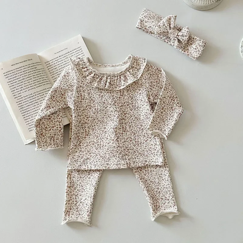 MILANCEL, nuevo pijama Floral de otoño para bebé con diadema con lazo de 0 a 2 años, precioso cuello con volantes, ropa de dormir para niñas, ropa de casa para niños pequeños