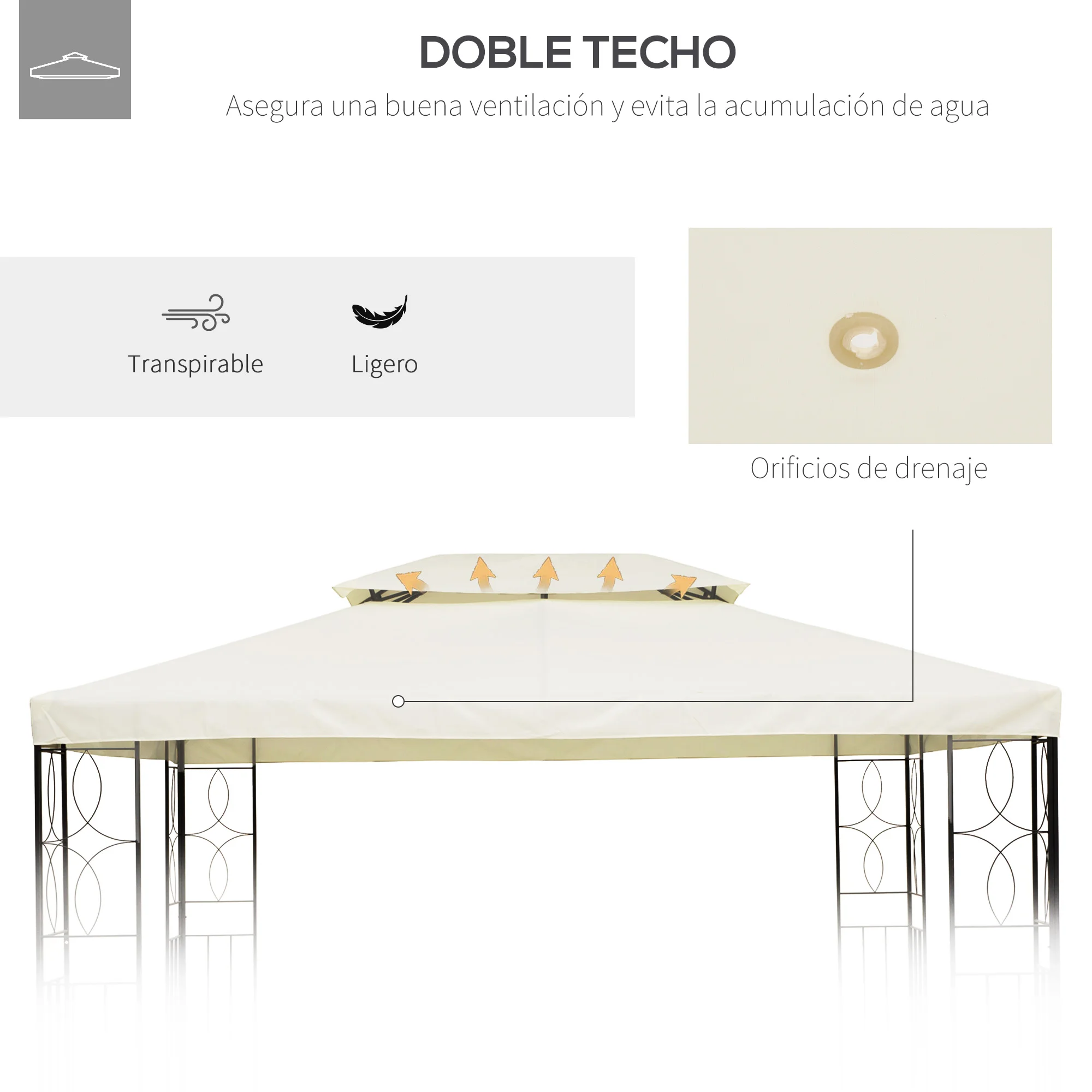 Outsunny Techo de Repuesto para Cenador 4x3 m Cubierta de Repuesto con Techo Doble 10 Orificios de Drenaje y Protección UV Toldo de Recambio para Pabellón Gazebo Crema - imagen 5