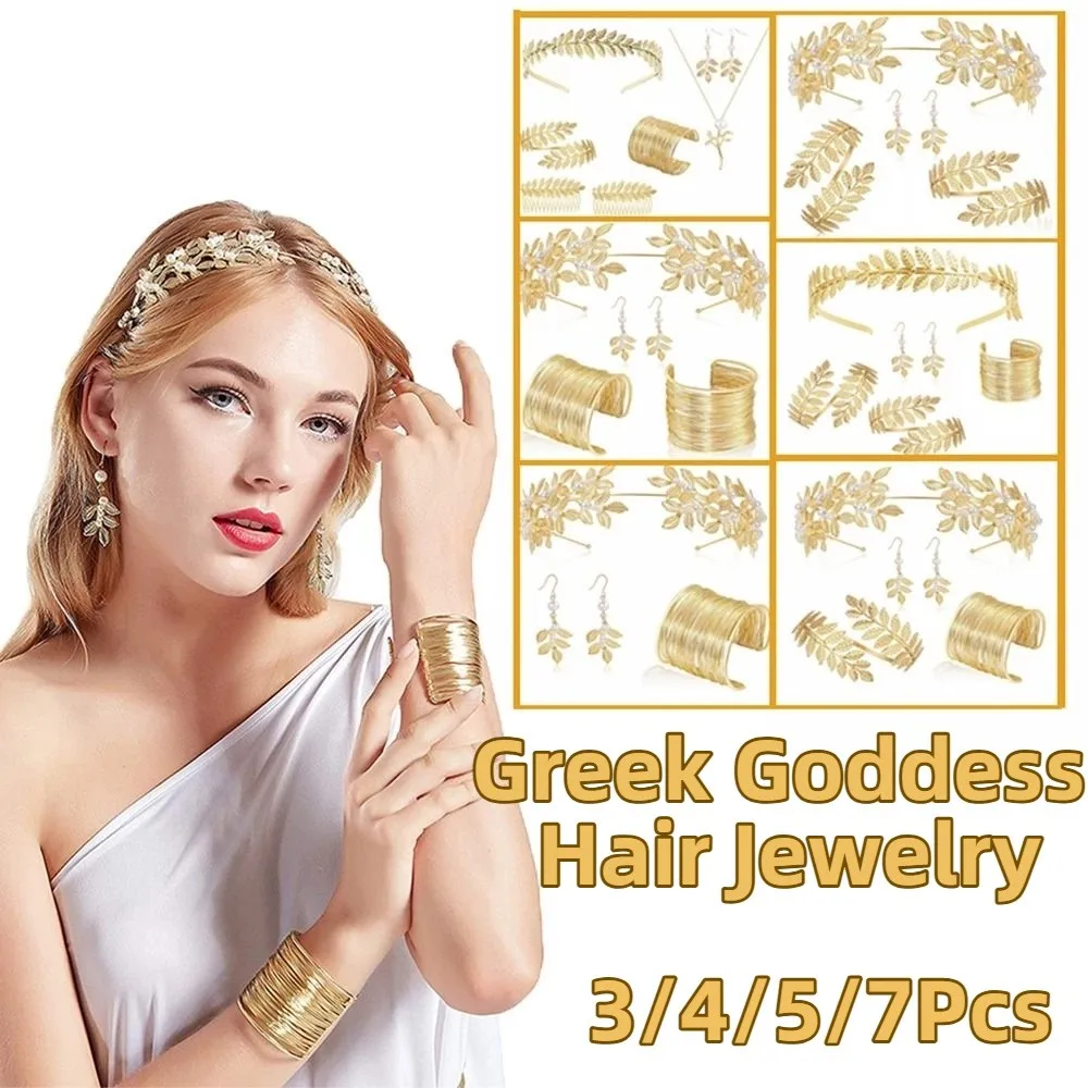 Conjunto de joyería de boda barroca para mujer, pendientes de novia dorados, joyería para el cabello de diosa griega, diademas para el cabello con diseño de hojas - imagen 3