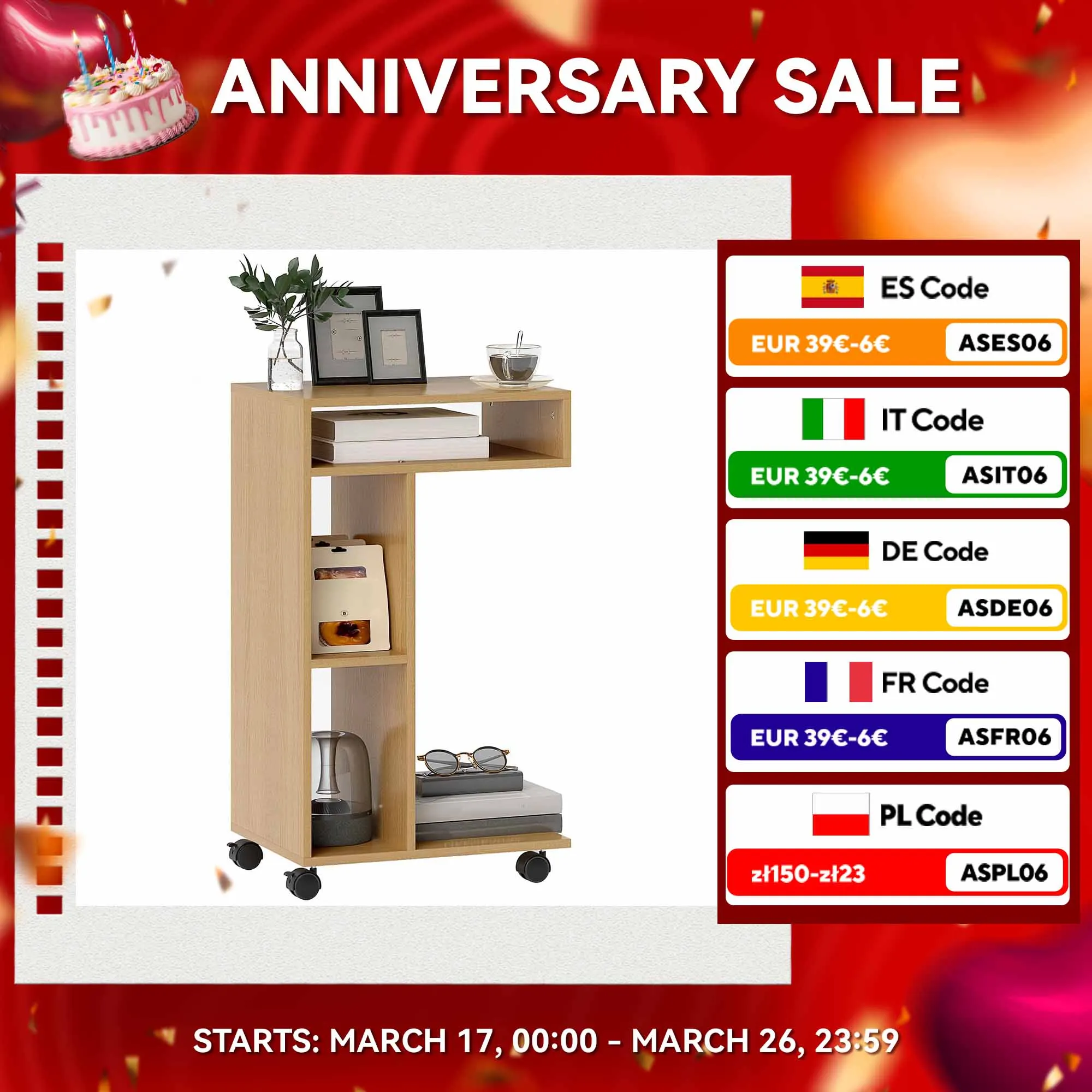 HOMCOM Mesa Auxiliar Multifuncional en Forma de C Mesa Auxiliar para Sofá con Ruedas Compartimentos Abiertos Mesa Lateral para Sofá Salón Dormitorio Oficina 40x30x69 cm Roble