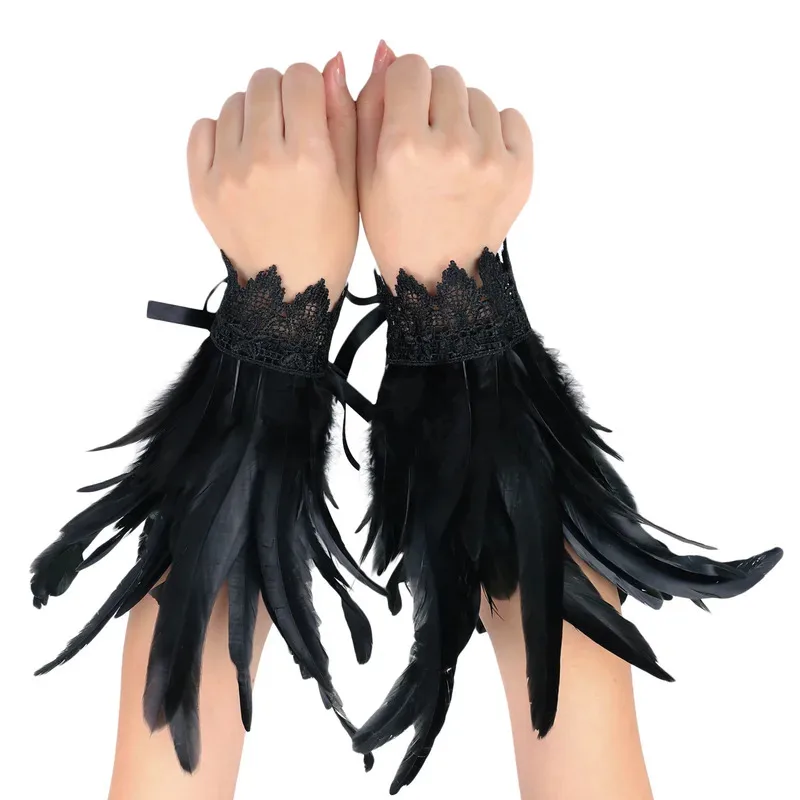 Puños de plumas, manga de malla, puños largos de encaje con bordado de plumas, puños de moda gótica, accesorio de escenario para fiesta de Halloween para hombre y mujer - imagen 3