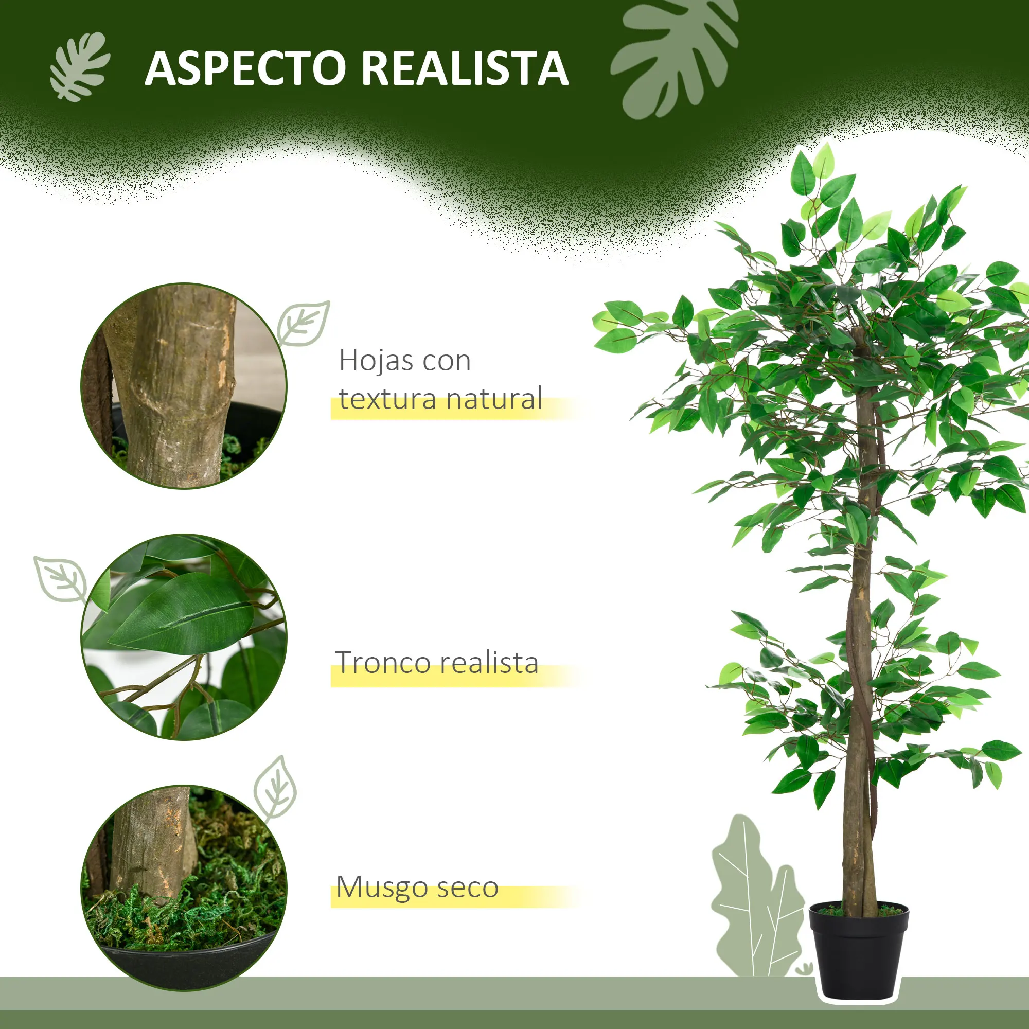 Outsunny Árbol de Té Artificial 120 cm Planta Artificial con 546 Hojas Musgo y Maceta Planta Artificial Decorativa para Interior y Exterior Hogar Salón Oficina Verde - imagen 4