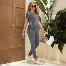 Conjunto de ropa informal para mujeres embarazadas, ropa con cordón lateral, camiseta y Legging, conjuntos de ropa de maternidad para exteriores para mujeres embarazadas