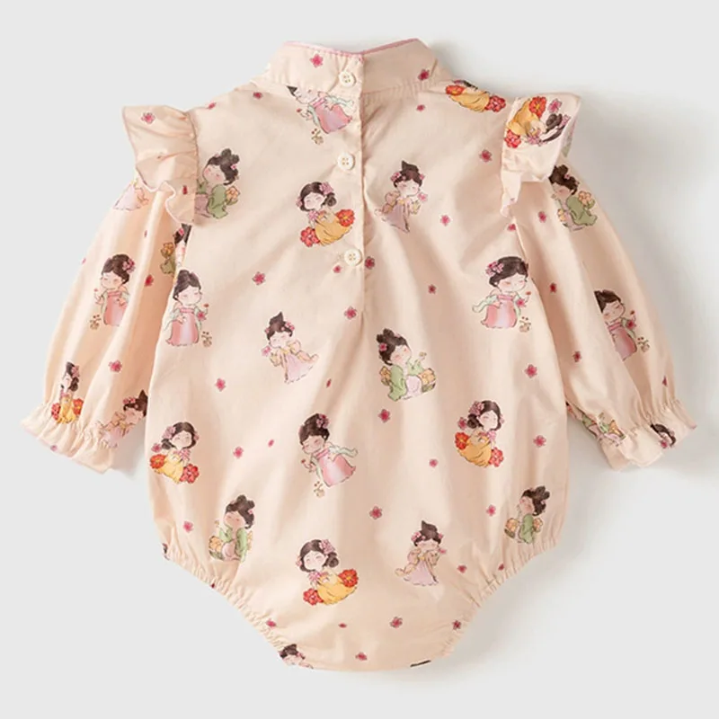 Monos de primavera y otoño para niña, monos de manga larga de algodón con estampado bonito de dibujos animados de estilo chino y artículos de una pieza para bebé recién nacido B021 - imagen 2