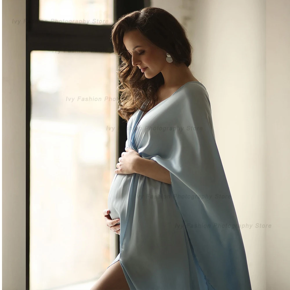 Vestido de maternidad en satén azul cielo para fotos - imagen 4