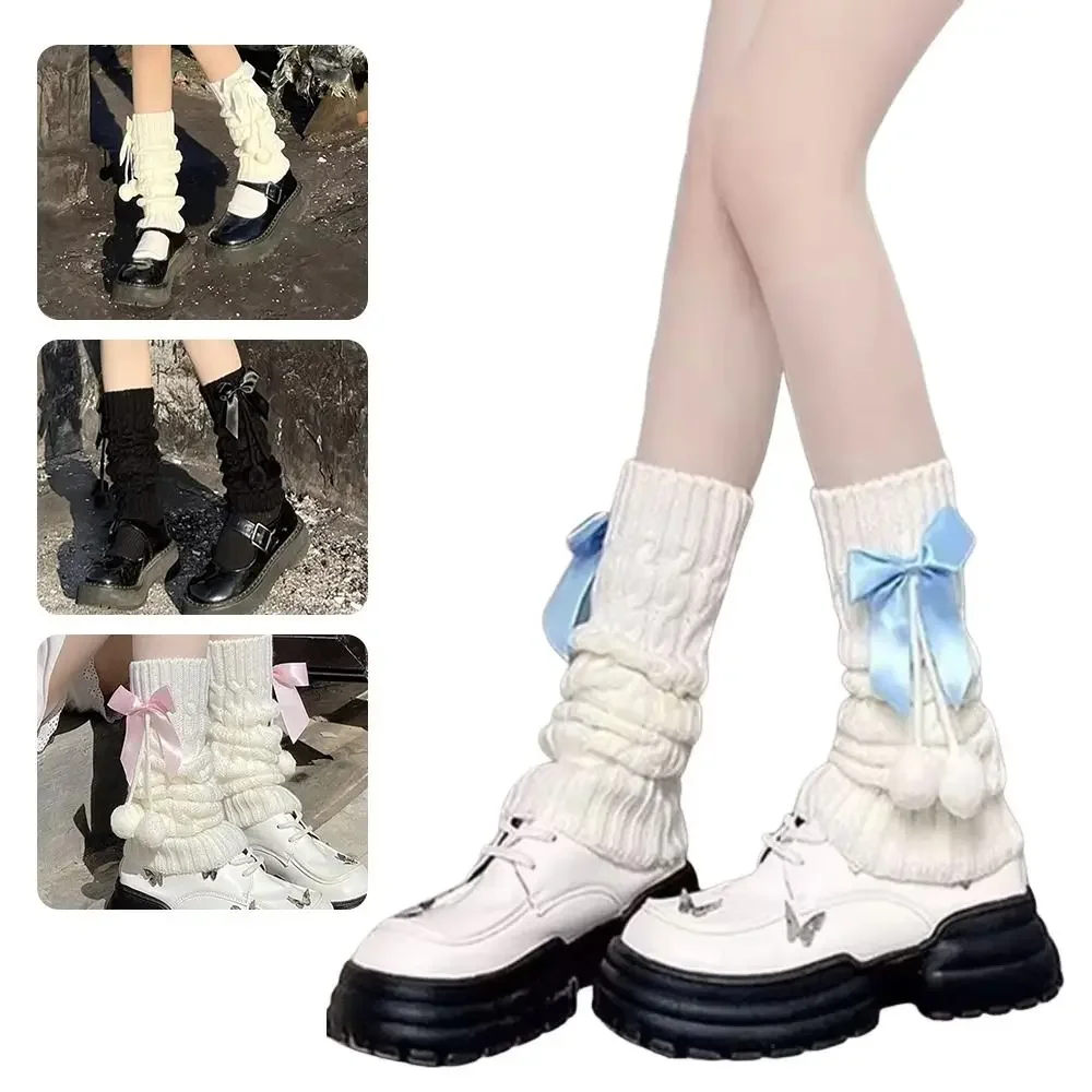 Nuevo Calentadores de piernas de punto Lolita, cubiertas térmicas para piernas con lazo, calentadores de piernas con pompón y forro polar - imagen 3