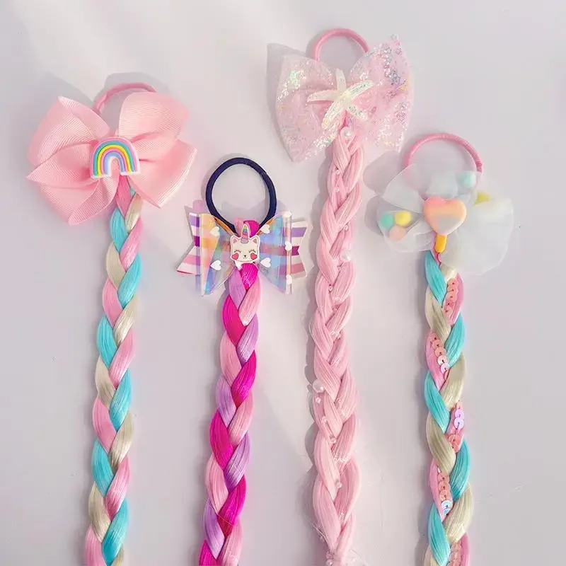Pelucas bonitas de unicornio, cola de caballo para niños y niñas, Color caramelo, lazo de mariposa de dibujos animados, coleta, estilismo para el cabello, bandas de goma, tocados Brai - imagen 3