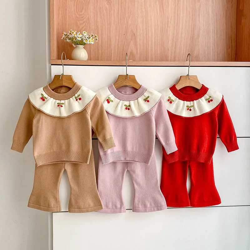 MILANCEL-Conjunto de suéter de otoño para bebé, Jersey de punto con cerezas bordadas de 3 a 24M y pantalones acampanados, traje infantil versión coreana - imagen 2