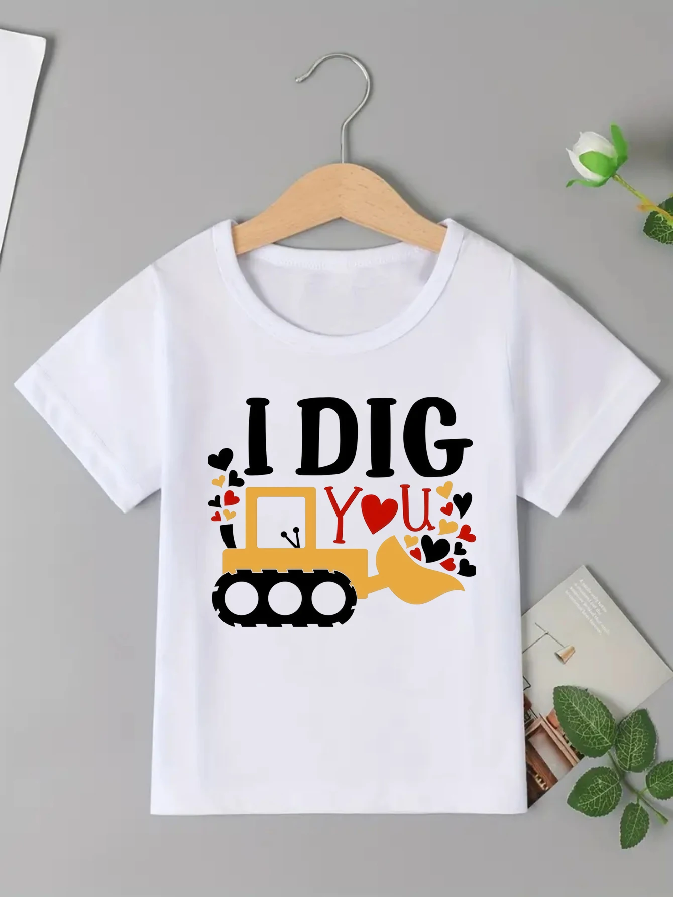 Camiseta con estampado de corazones de amor de excavadora I Did You, camiseta de regalo del Día de San Valentín para niñas/niños, ropa Kawaii para niños, camiseta divertida de verano
