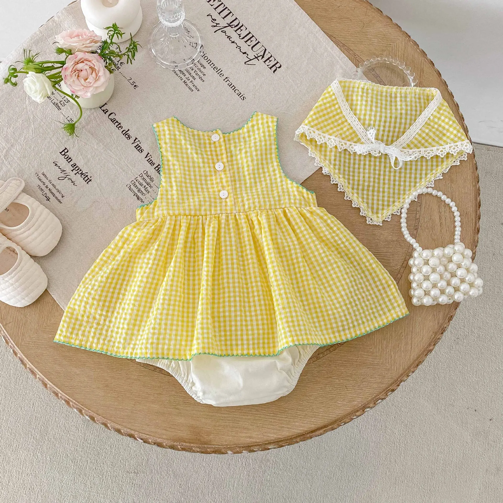 Traje de verano para niña, Adorable mono sin mangas a cuadros amarillos con patrones de pato, mono infantil, ropa cómoda súper bonita - imagen 2