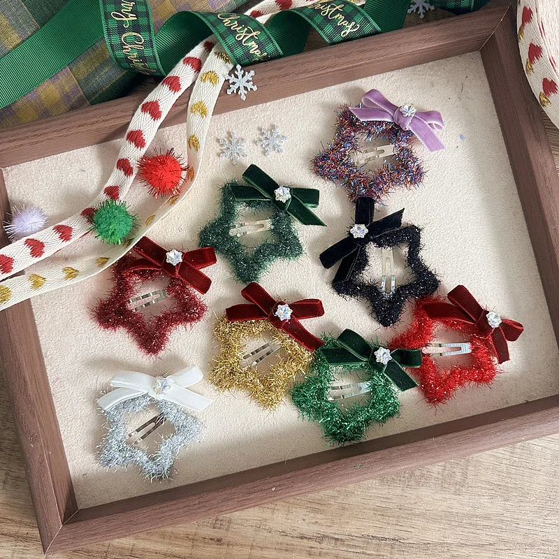 Pinzas para el cabello de Navidad con forma de estrella, pasadores de copo de nieve de terciopelo con hilo brillante, pinzas para el cabello laterales bonitas para niñas, Clips Kawaii BB, regalo
