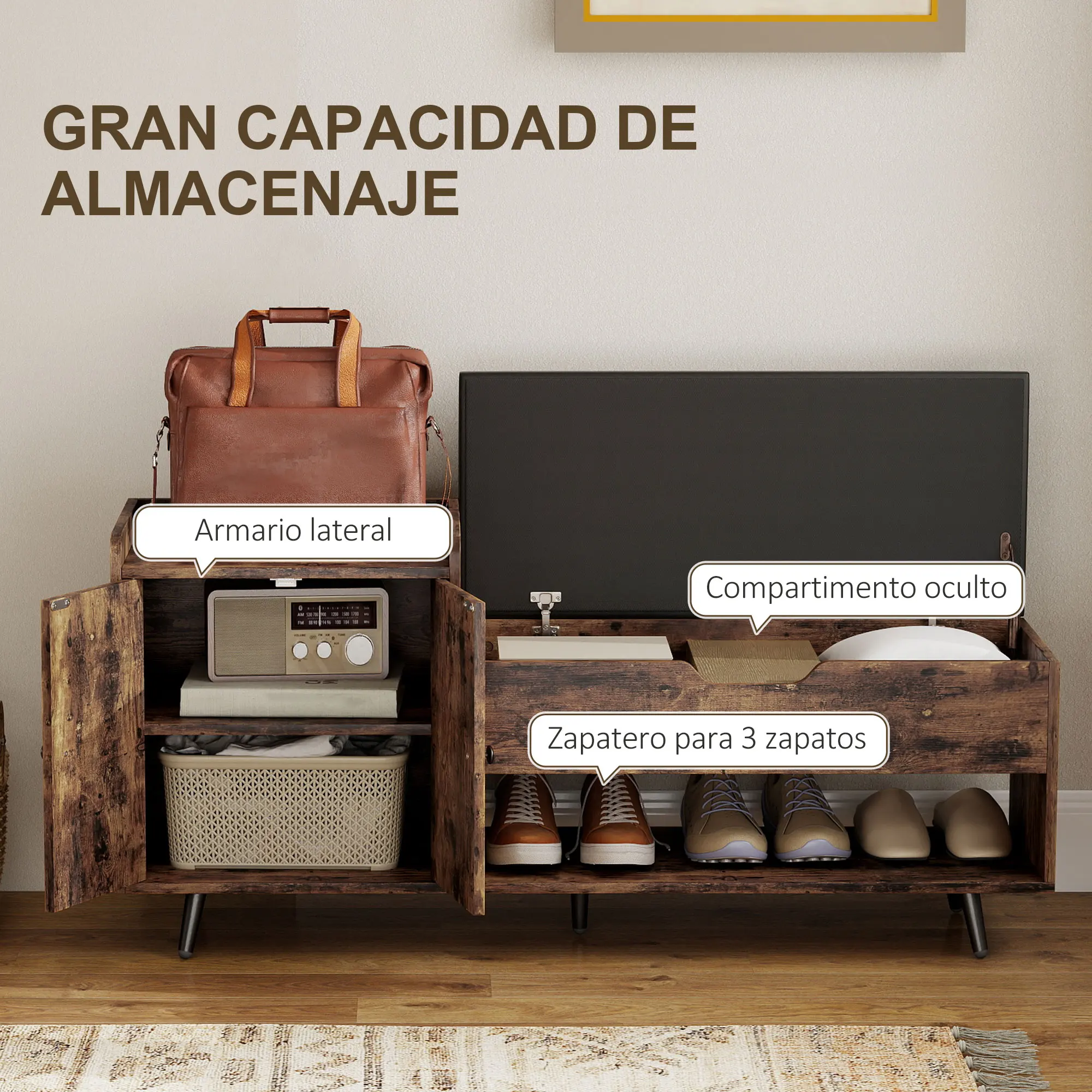HOMCOM Banco Zapatero, Banco Recibidor Industrial, con Asiento Acolchado, Compartimento Oculto, Estantes, Puertas, Estante Abierto para 3 Pares de Zapatos, para Entrada, 127x35x59 cm, Marrón Rústico - imagen 4