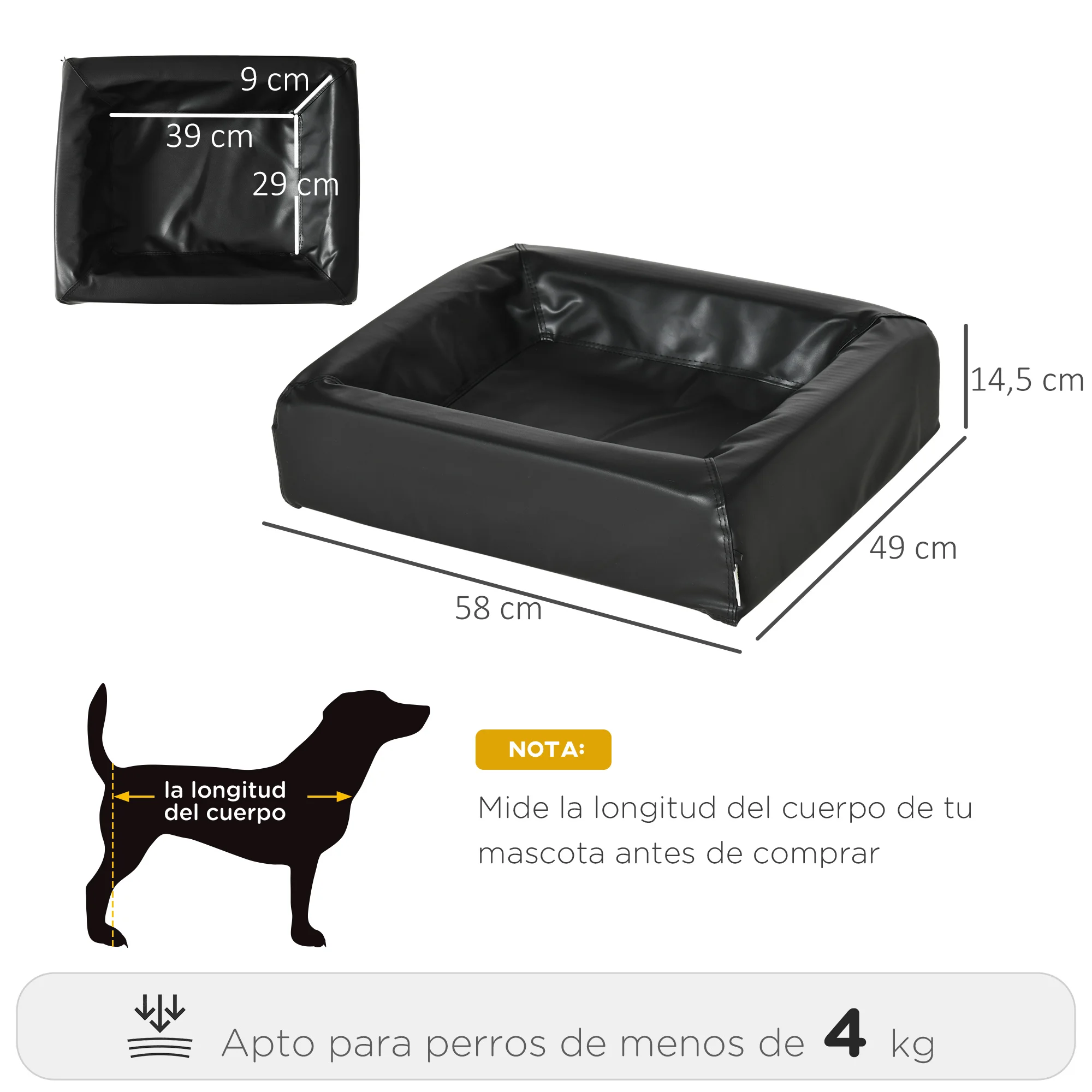 PawHut – tapis de lit en cuir PU pour animaux domestiques, amovible et Lavable, avec fermeture éclair, noir, 58x49x14,5 cm - imagen 4