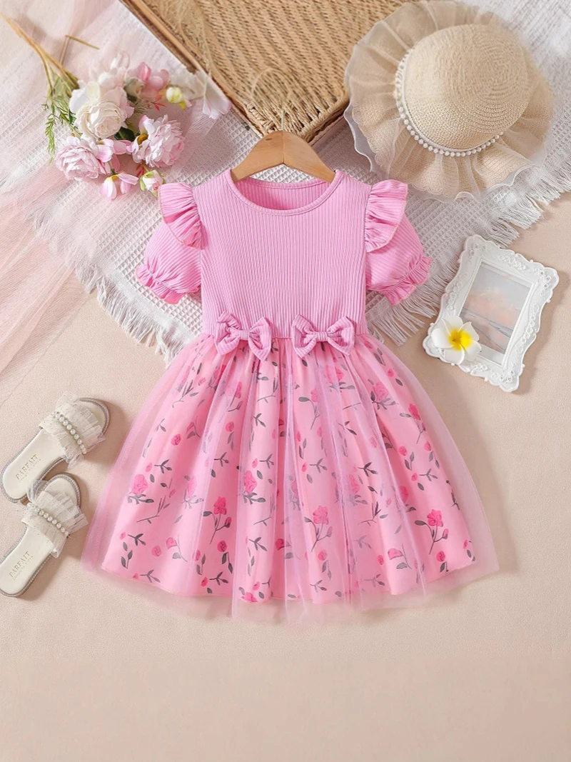 MILANCEL, vestido de princesa con lazo a la moda para niñas, vestido Floral de malla de retales de estilo coreano para niños de 2 a 6 años, ropa de verano para niños