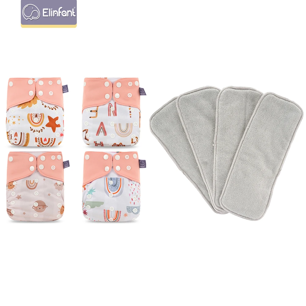 Elinfant 4 pañales con 4 absorbentes tela de malla gris interior talla única bebé para 3-15kg pañal de tela lavable ecológico para bebé