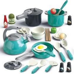 Juego de cocina infantil con ollas, sartenes y utensilios para niños