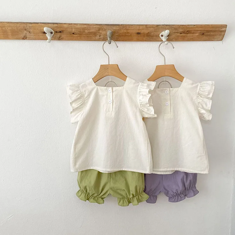Conjunto de ropa de verano para niñas pequeñas, camisa y pantalones cortos con bordado de flores para niñas de 0 a 24 meses, traje fino y cómodo, 2 uds. - imagen 2