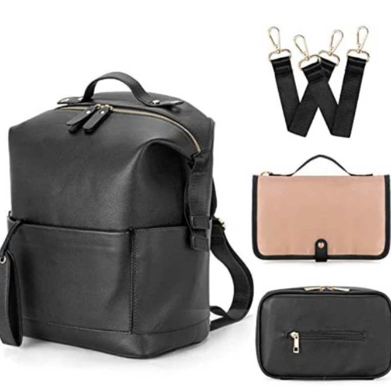 BE19: Bolsa de pañales 7 en 1, mochila de maternidad de cuero PU, bolsa de viaje para bebé de gran capacidad, bolsas para cochecito con cambiador, mamá - imagen 3