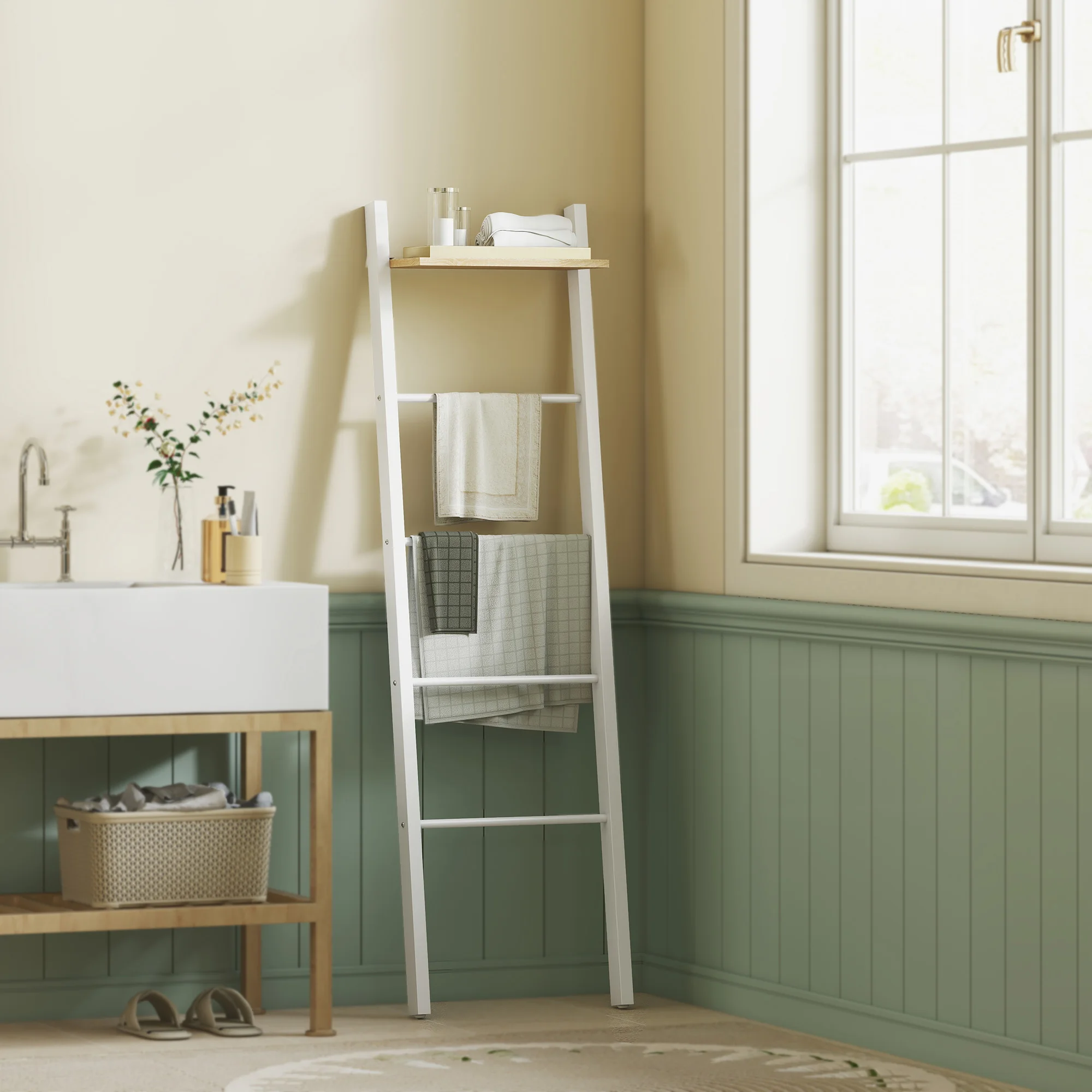 HOMCOM Toallero Escalera con Estante Superior y 4 Barras, Toallero de Baño para Apoyar en Pared, Estantería de Escalera Inclinada, para Dormitorio, Salón, 43x20x151 cm, Blanco y Roble - imagen 2
