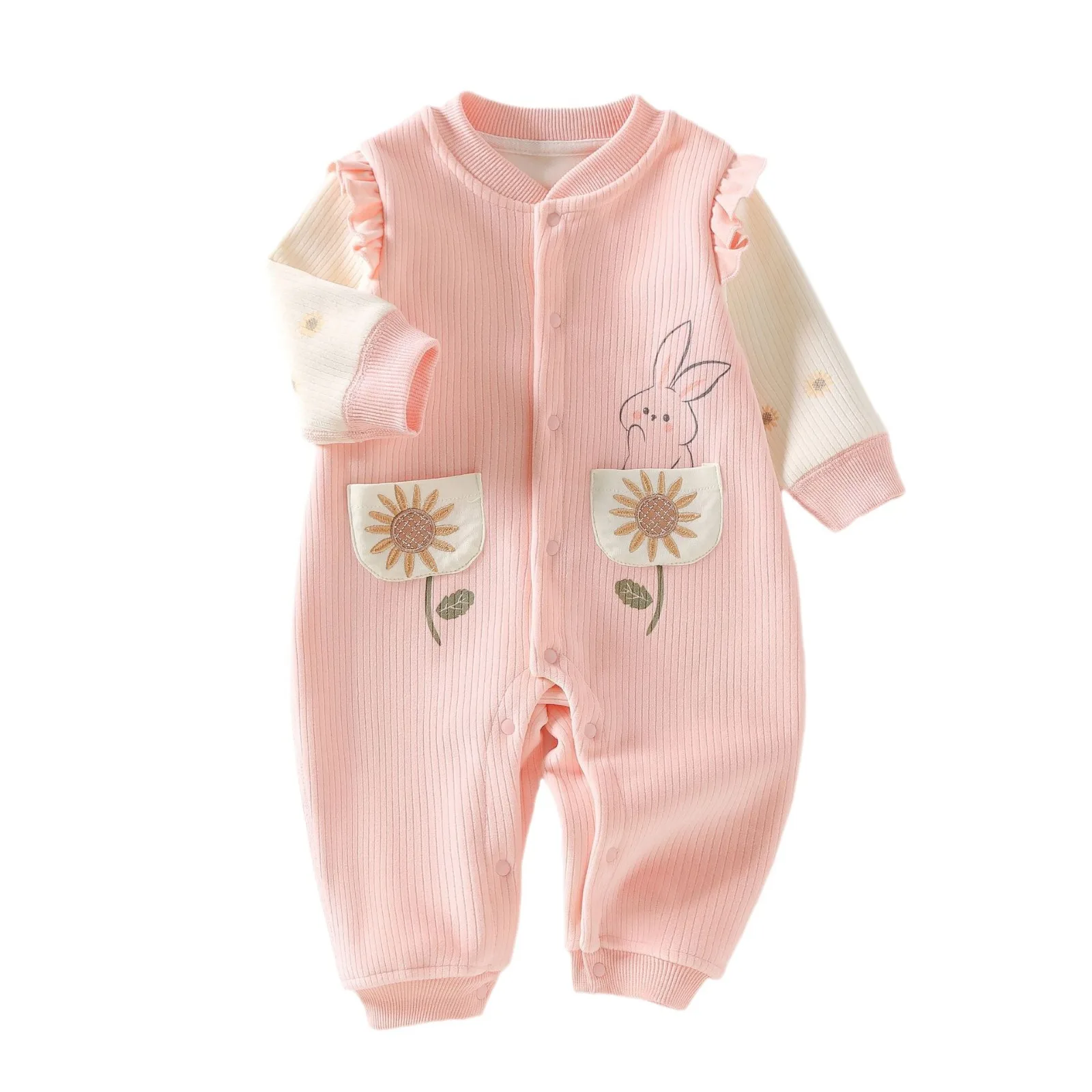 Somenie, ropa inferior para bebé, bonito pijama de lana cómodo de una pieza con estampado de girasoles para bebé, cálido para las cuatro estaciones - imagen 3