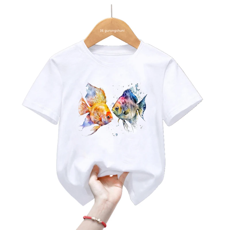Camiseta con estampado de peces dorados de acuarela para niños y niñas, Tops de moda de verano, camiseta Harajuku Kawaii, ropa divertida - imagen 3