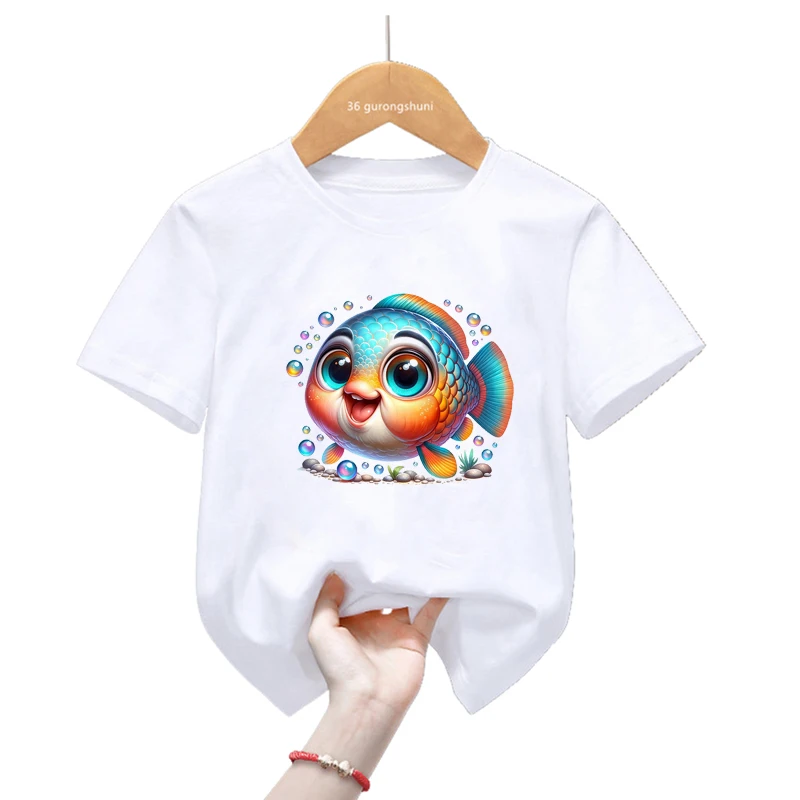 Camiseta con estampado de peces dorados de acuarela para niños y niñas, Tops de moda de verano, camiseta Harajuku Kawaii, ropa divertida