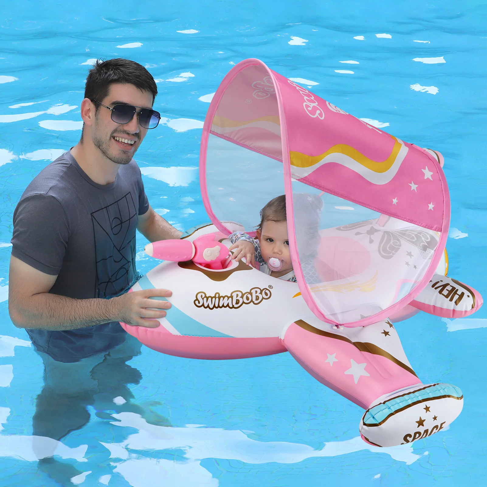 Swimbobo-pistola de agua rosa para exteriores, avión de juego, asiento inflable para niños, flotador, anillo de natación para bebé con dosel - imagen 4