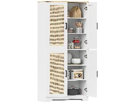 HOMCOM Alacena de Cocina Aparador de Cocina Mueble Auxiliar de Cocina con Estantes Ajustables Puertas de Ratán y Sistema Anti-vuelco 60x30x170 cm Blanco
