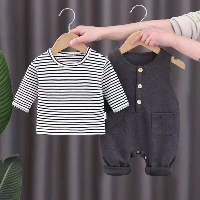 Conjunto unisex de primavera y otoño para recién nacido, sudadera con capucha de manga larga a rayas y pantalones con tirantes con bolsillos, traje informal para Halloween al aire libre - imagen 4