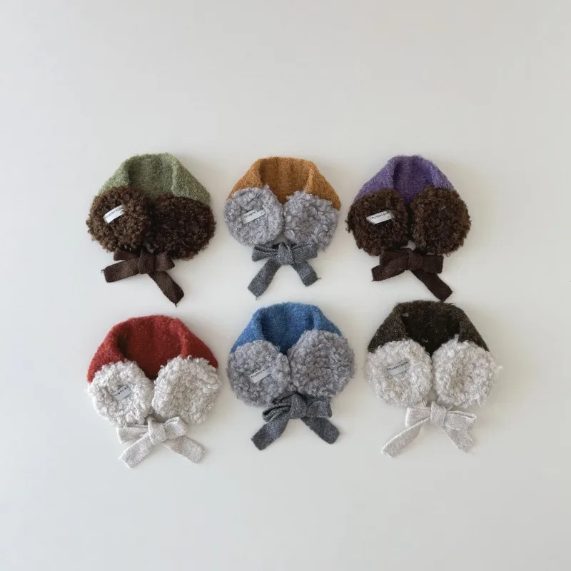 2025 nuevos orejeras coreanas para niños, calentadores de orejas de felpa con lazo en la espalda, cubiertas de orejas tejidas con bloques de Color para niñas, diadema de lana cálida